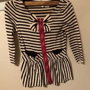 Anthropologie Moth Striped Pink Bow Black White Cardigan Sweater Zip Top